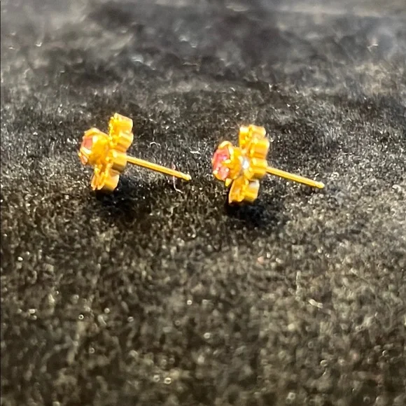 Tiny Gold Plated 925 Scroll Floral Design Pink Stones Earrings - Picture 2 of 5